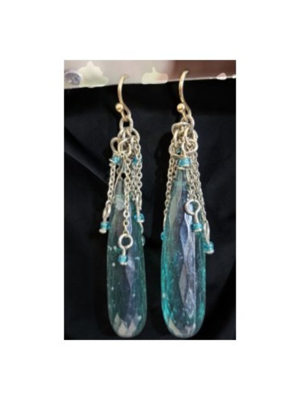 Blue Acrylic Stone with Beaded Chains Dangle Earrings